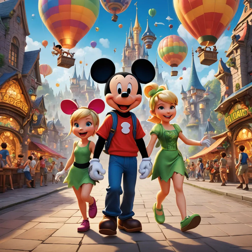 a cartoon of a family walking down a street with balloons in the sky above them and a castle in the background, magic realism, concept art, disney, promotional image
