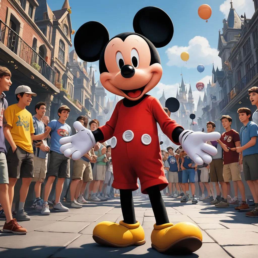 a mickey mouse character in a red outfit standing in front of a crowd of people in a disney world, magic realism, a character portrait, disney, promotional image