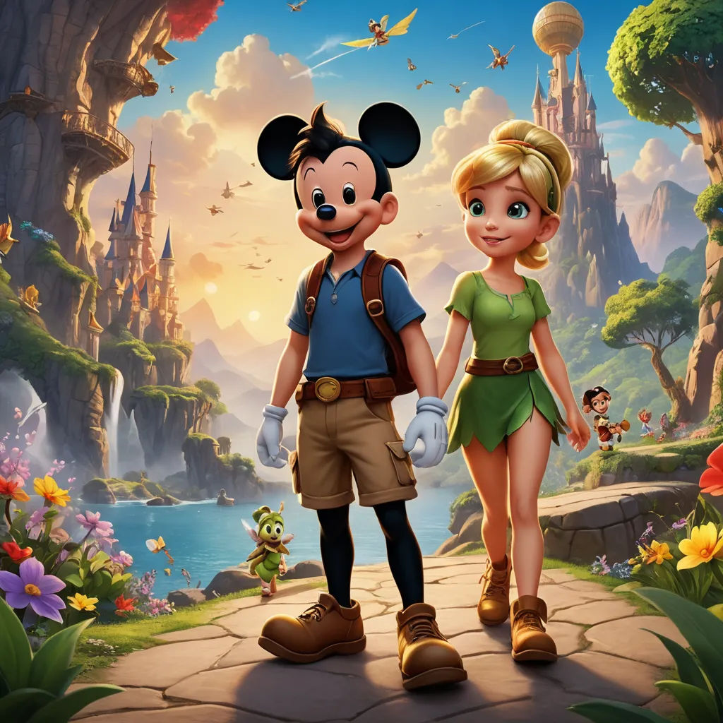a cartoon character and a cartoon character holding hands in front of a castle with a lake and flowers in the background, sots art, poster art, disney, official art