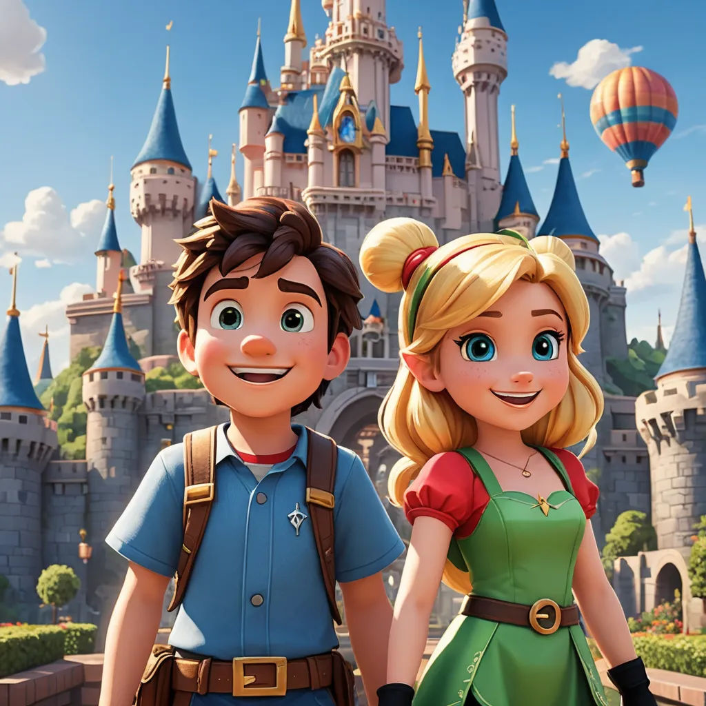 a couple of people standing in front of a castle with balloons in the sky above them and a hot air balloon, sots art, concept art, disney, key art