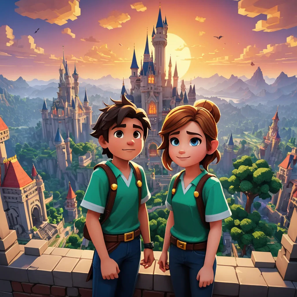 a couple of people standing on top of a castle wall next to each other in front of a castle, sots art, concept art, disney, rossdraws global illumination