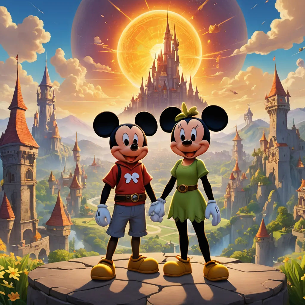 a couple of mickey mouses standing next to each other on a castle background with a sun in the sky, magical realism, poster art, disney, rossdraws global illumination