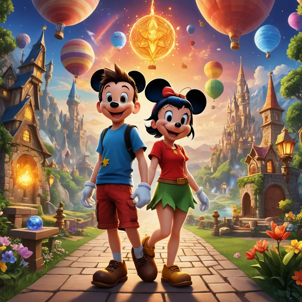 a couple of mickey and minnie mouse standing next to each other on a walkway in front of a castle, sots art, concept art, disney, rossdraws global illumination