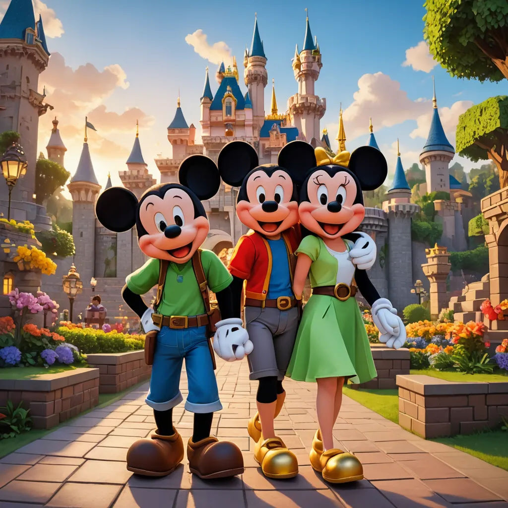 a couple of mickey mouses standing next to each other in front of a castle with a person in front of them, magical realism, a detailed matte painting, disney, pixar and disney animation