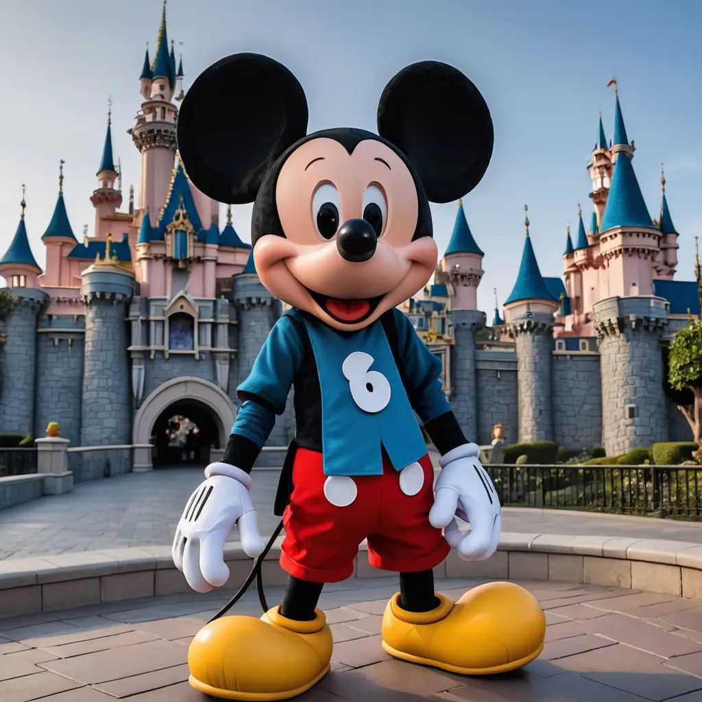 a mickey mouse in front of a castle with a leash in his hand and a blue shirt on his chest, dau-al-set, a stock photo, disney, pixar and disney animation