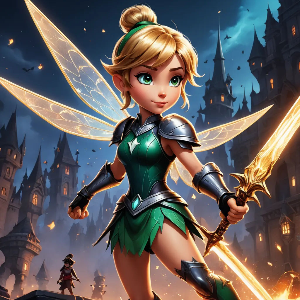 a cartoon character with a sword in her hand and a castle in the background with a glowing light behind her, fantasy art, concept art, disney, key art