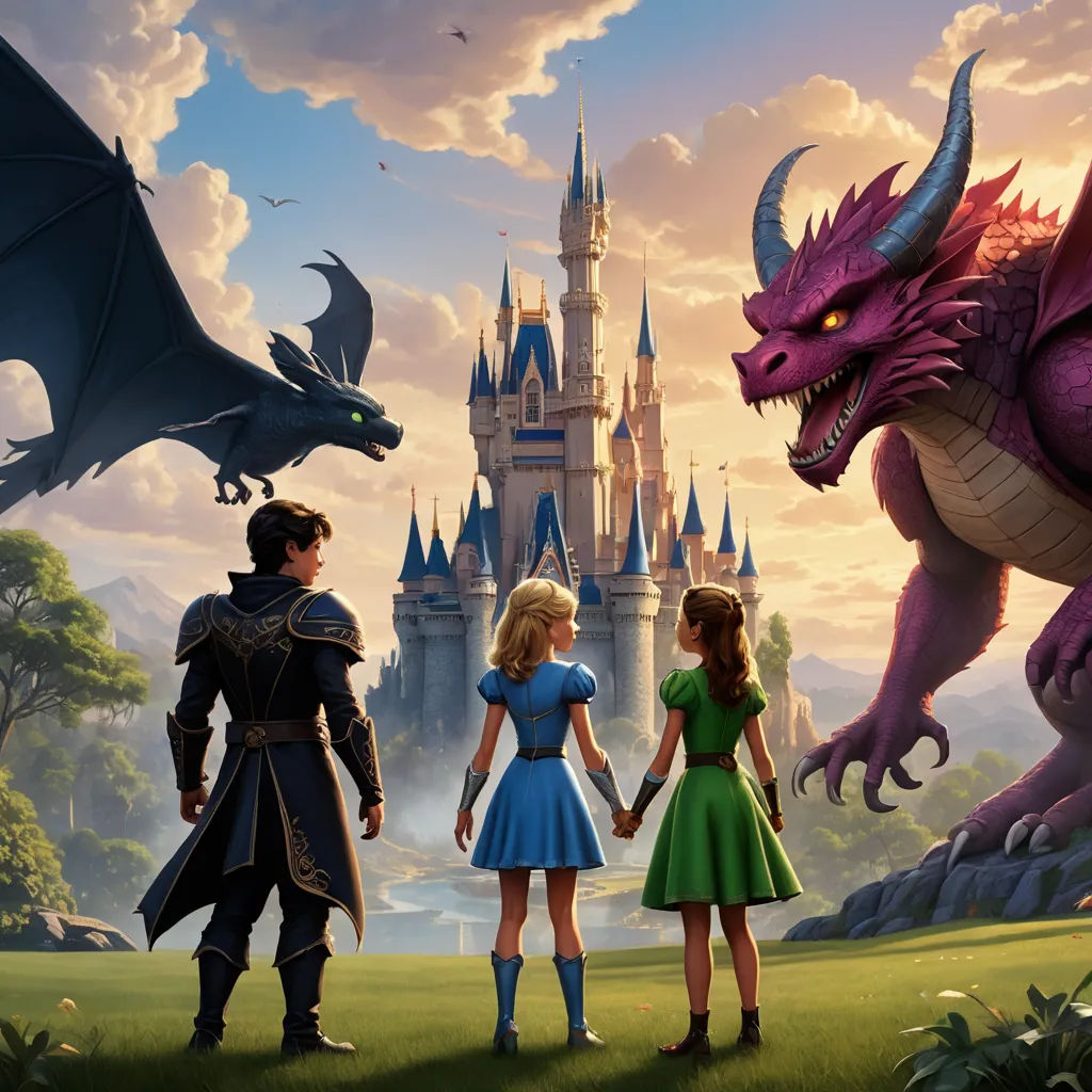 a couple of kids standing next to a dragon in front of a castle with a dragon on it's back, fantasy art, concept art, disney, key art