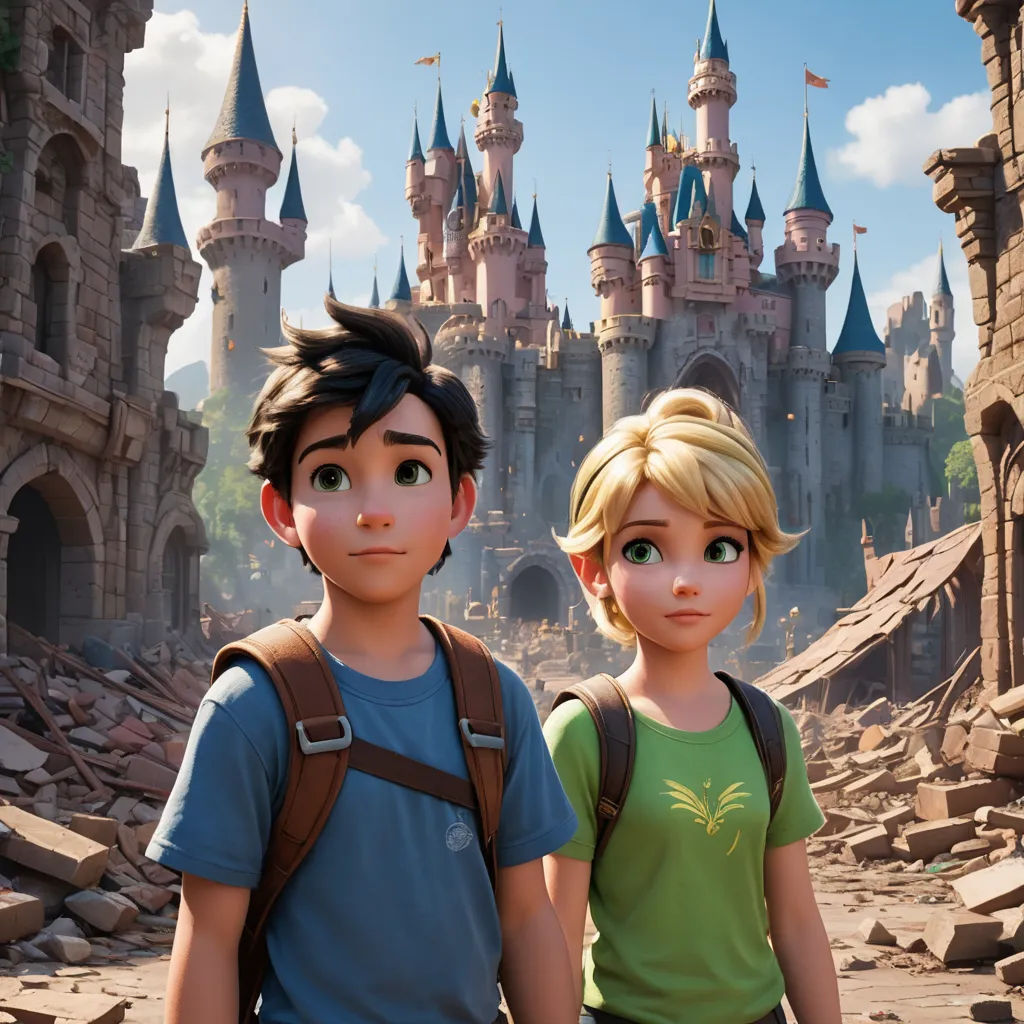a boy and a girl standing in front of a castle with a broken wall and rubble in front of them, sots art, concept art, disney, rossdraws global illumination