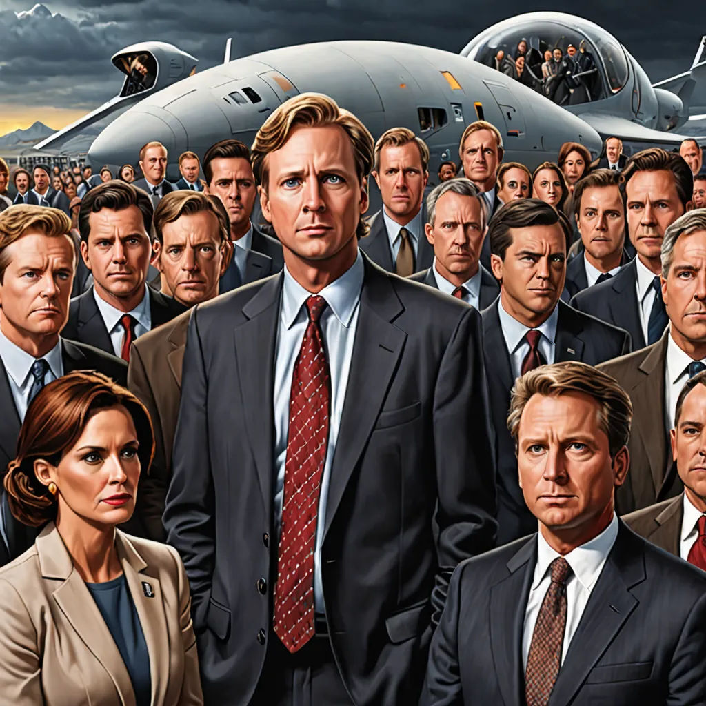 a group of people standing in front of a plane with a man in a suit and tie on the front, serial art, a detailed painting, David Palumbo, extremely detailed oil painting
