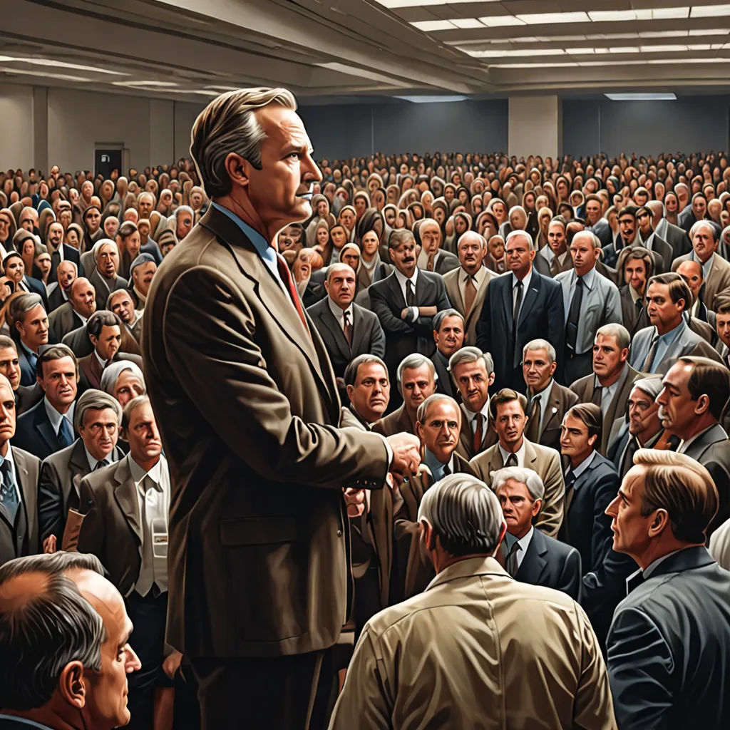 a man standing in front of a crowd of people in a room with a microphone in his hand and a crowd of people in the background, american scene painting, a detailed painting, Donato Giancola, highly detailed digital painting