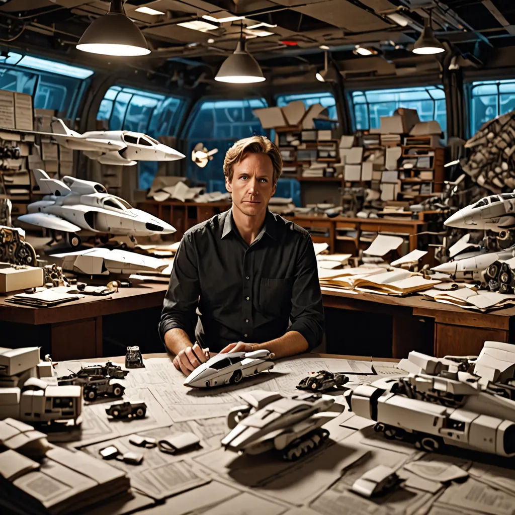 a man sitting at a table surrounded by model airplanes and other items in a room with a large window, assemblage, a character portrait, Christopher Moeller, promotional image