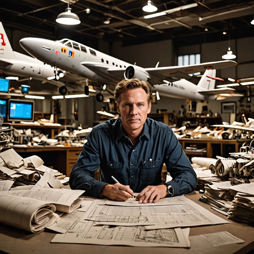 a man sitting at a table with a lot of papers and planes in the background on the ceiling of a building, private press, a character portrait, Alson S. Clark, promotional image