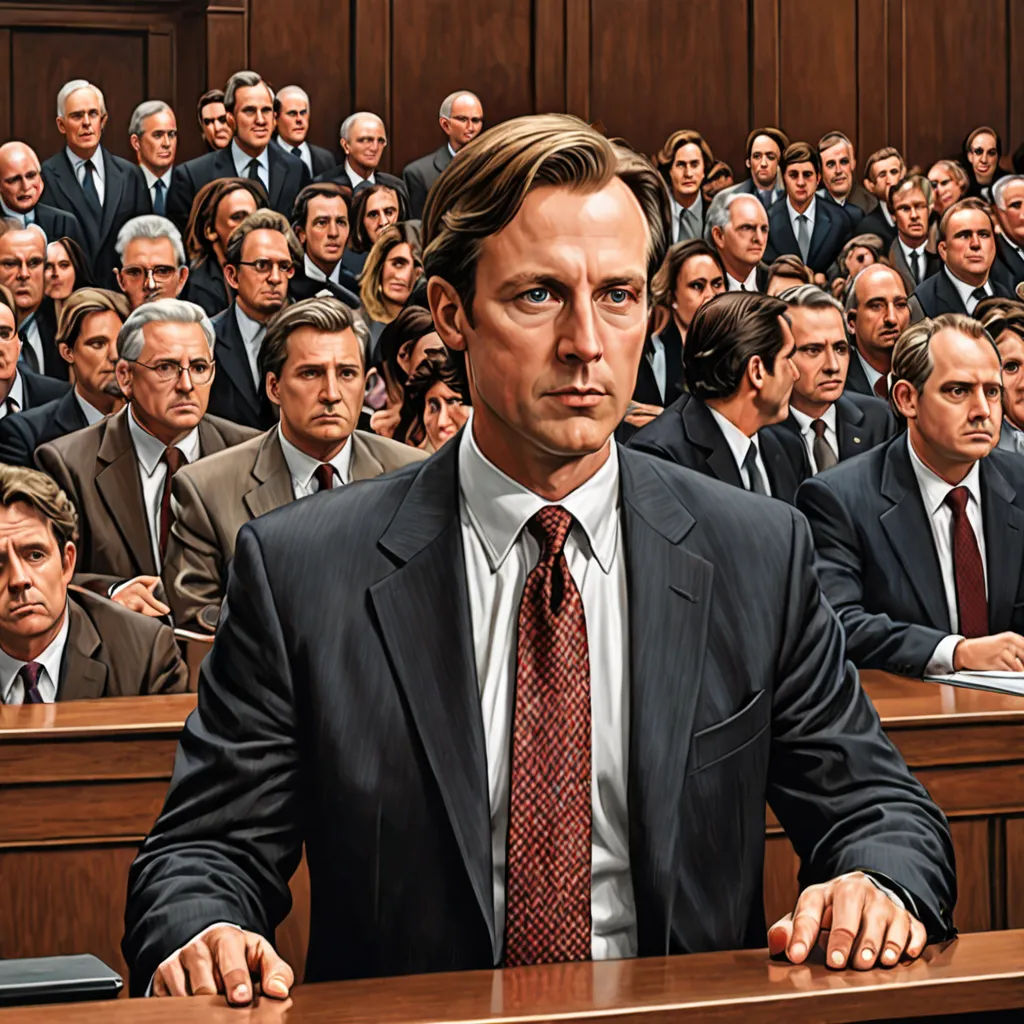 a man in a suit and tie sitting in a courtroom with a lot of people behind him and a judge in the background, serial art, a detailed painting, Derek Hill, extremely detailed oil painting