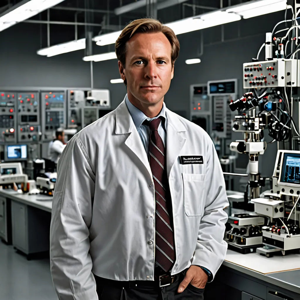 a man in a lab coat standing in front of a machine room with a lot of equipment on the wall, modular constructivism, a character portrait, Clark Voorhees, promotional image