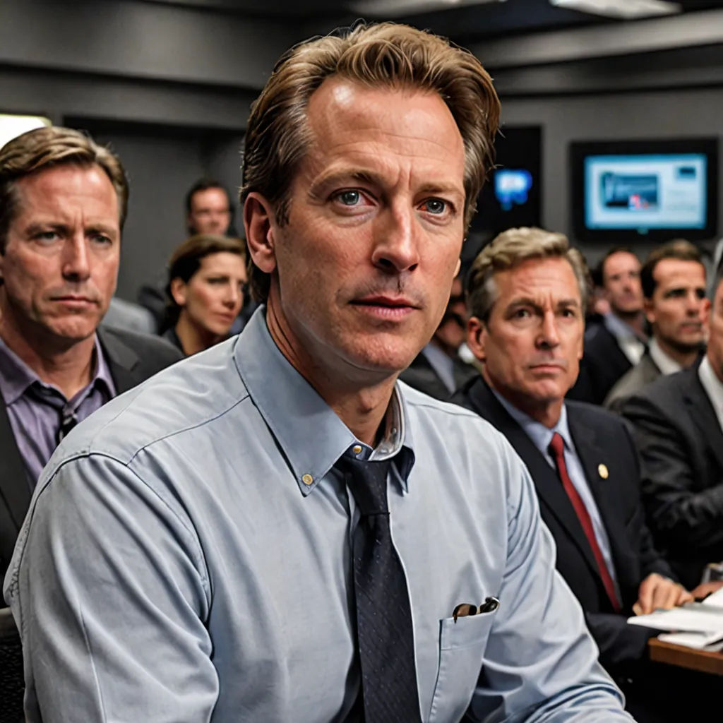 a group of men sitting at a table in a room with a television on the wall behind them and a man in a suit and tie, institutional critique, a poster, Alan Sutherland, movie still