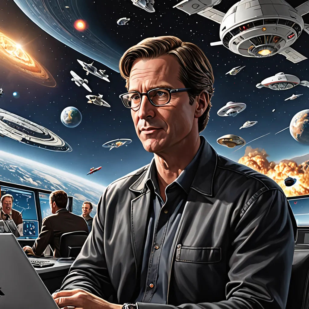 a man sitting at a desk with a laptop in front of him and a lot of space around him, space art, a detailed painting, Christopher Moeller, highly detailed digital painting