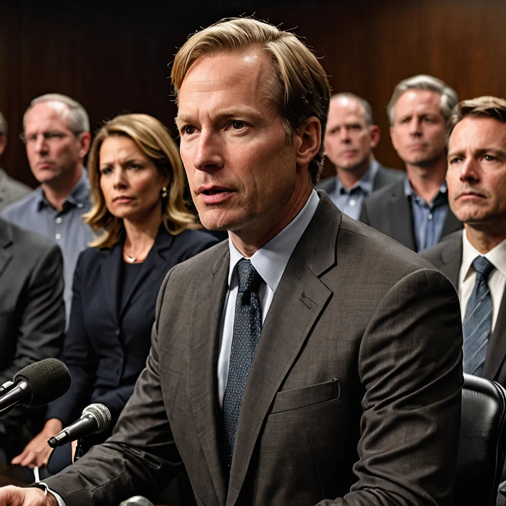 a man in a suit and tie sitting in front of microphones in a courtroom with other people behind him, institutional critique, a poster, Alan Sutherland, promotional image