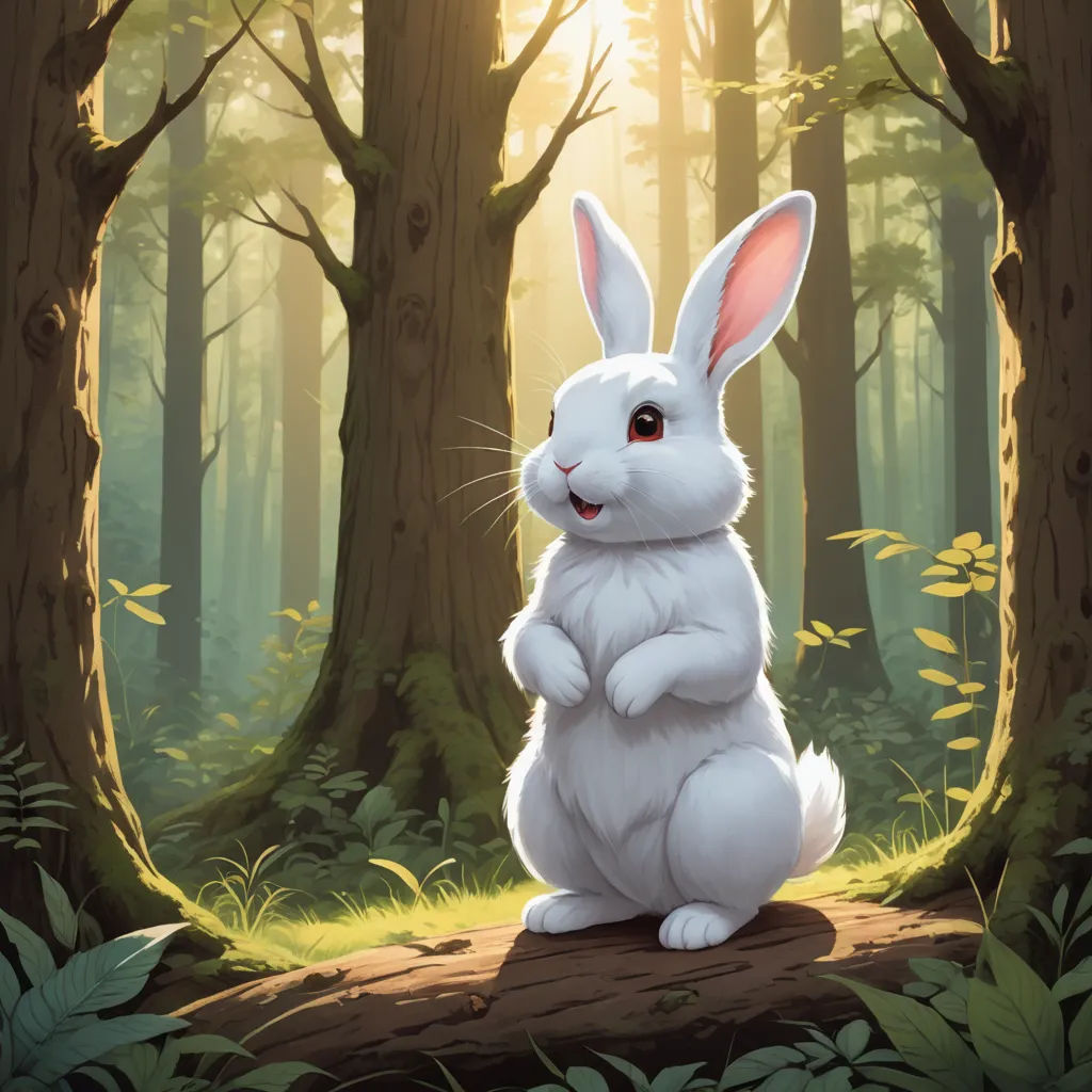 a white rabbit sitting in the middle of a forest with trees and grass around it, with the sun shining through the trees, furry art, a storybook illustration, Chris Rallis, rossdraws global illumination