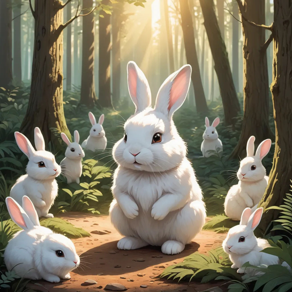 a group of rabbits sitting in the middle of a forest with trees and grass in the background, with the sun shining through the trees, furry art, a painting, Chris LaBrooy, rossdraws global illumination