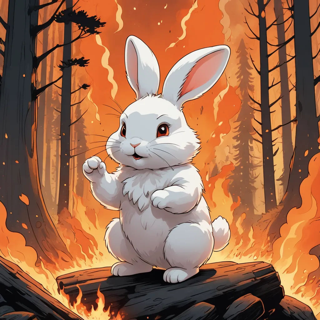 a white rabbit sitting on a log in front of a fire and trees with flames in the background and a forest, altermodern, a character portrait, Dan Mumford, magic the gathering artwork