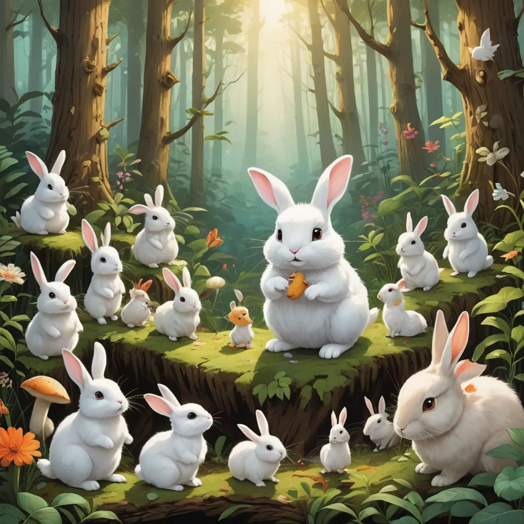 a painting of a forest with many rabbits in it and a bird in the middle of the picture, and a forest with many rabbits in the background, furry art, a storybook illustration, Chris LaBrooy, official art