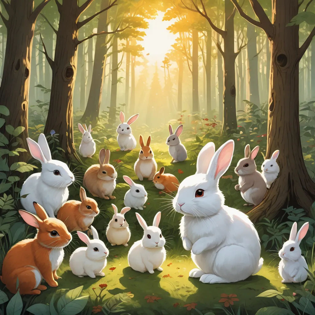a painting of a forest with many rabbits in it's habitat, and a sun shining through the trees, furry art, a storybook illustration, Chris LaBrooy, rossdraws global illumination
