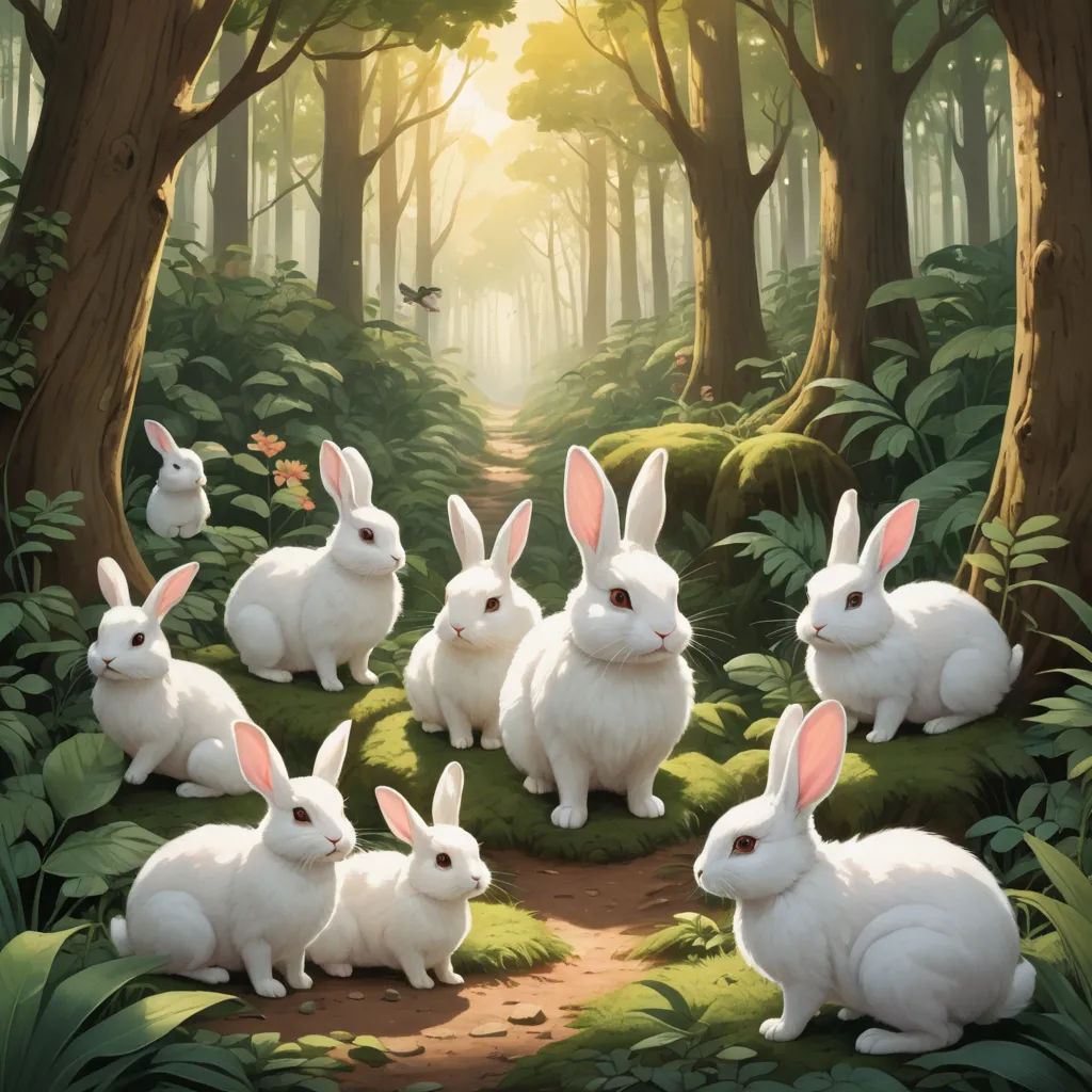 a painting of a forest with many white rabbits sitting in the grass and trees, with a sun shining through the trees, furry art, a storybook illustration, Chris LaBrooy, rossdraws global illumination