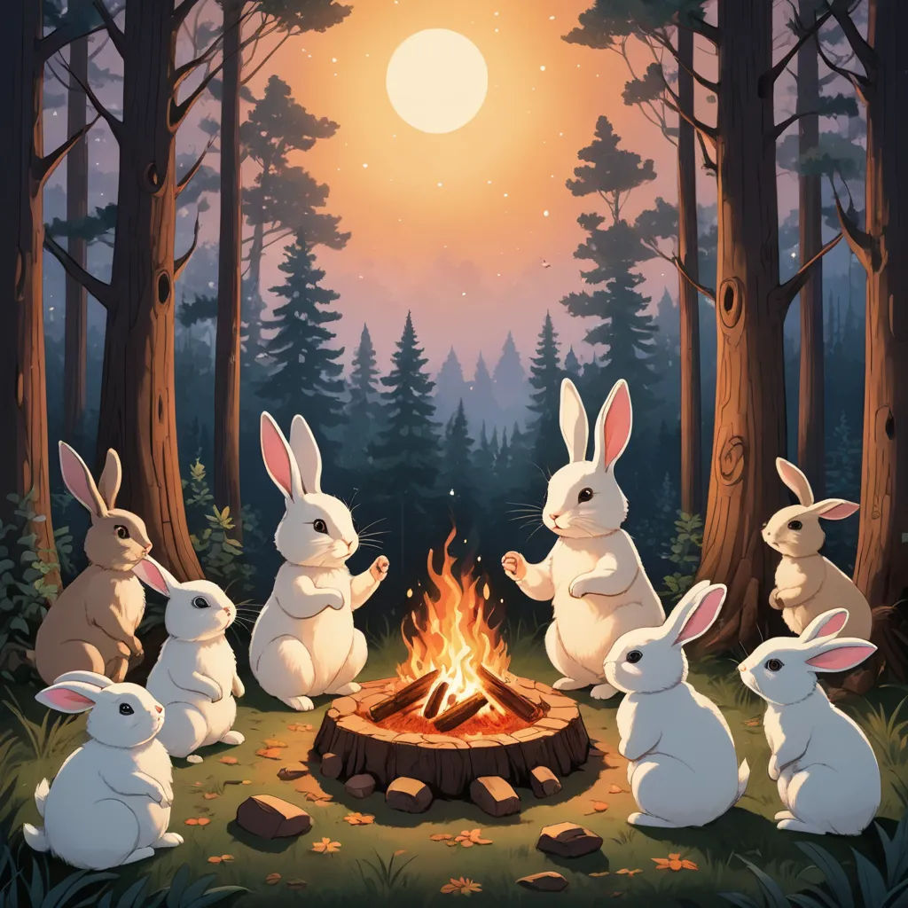 a group of rabbits sitting around a fire in a forest at night with the sun shining through the trees, figurativism, a storybook illustration, Dan Mumford, rossdraws global illumination