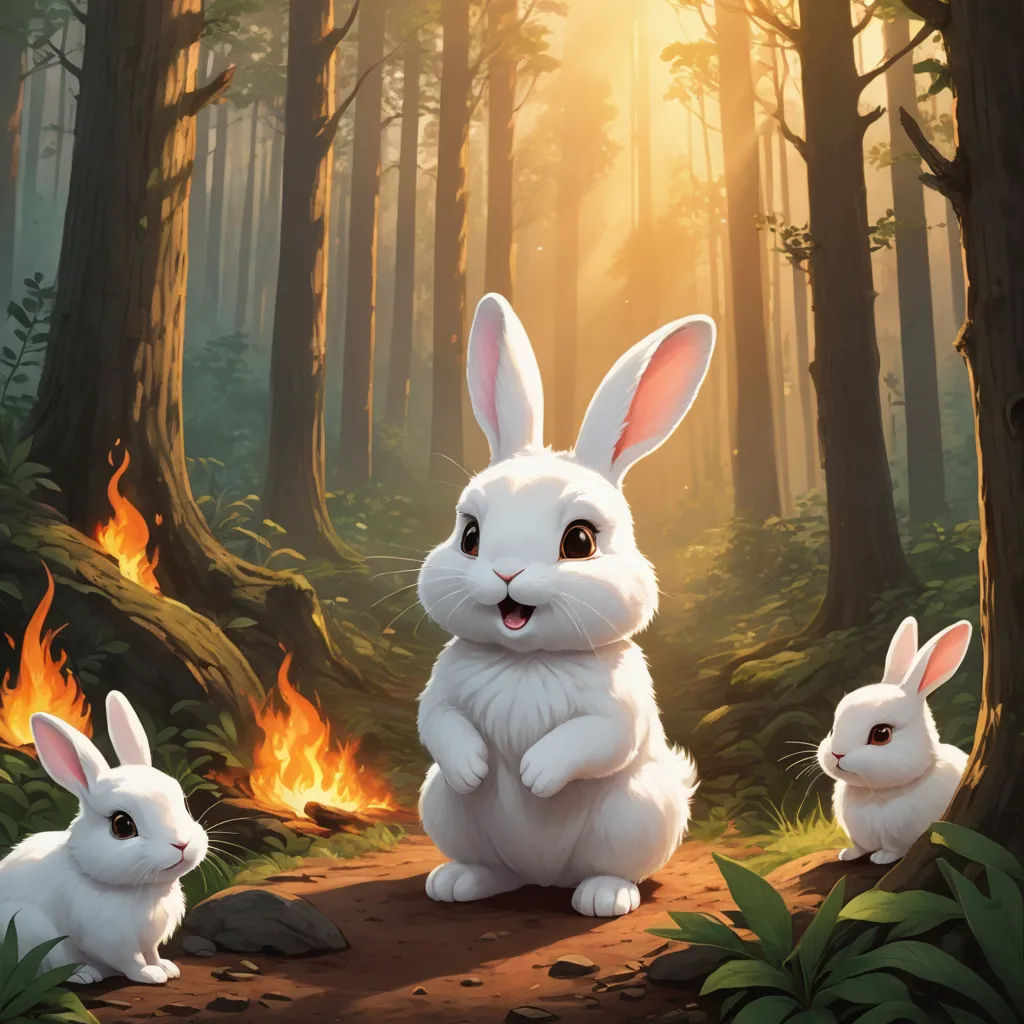 a painting of a bunny and two rabbits in a forest with a fire in the background and a forest scene with trees and bushes, altermodern, concept art, Chris Rallis, magic the gathering artwork