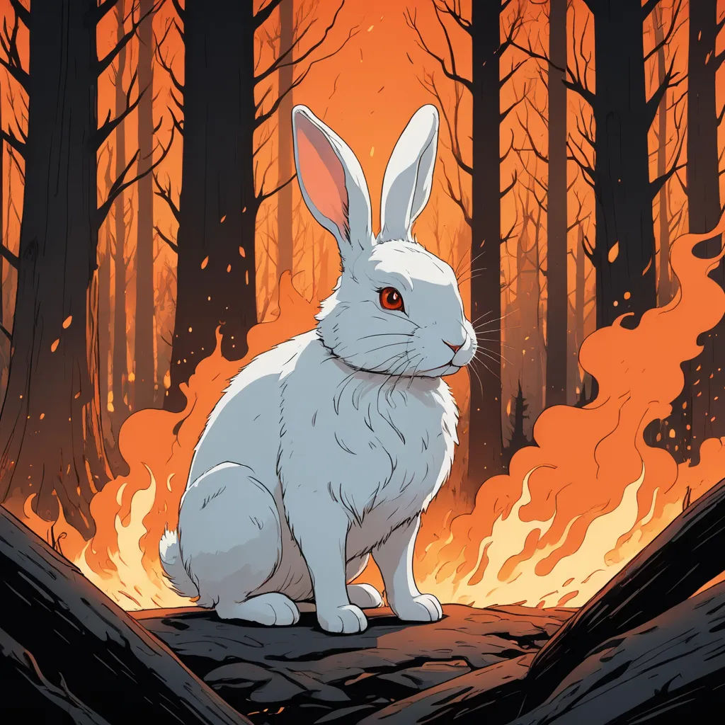 a white rabbit sitting on a log in a forest with a fire in the background and a forest fire burning behind it, context art, poster art, Dan Mumford, josan gonzales and dan mumford