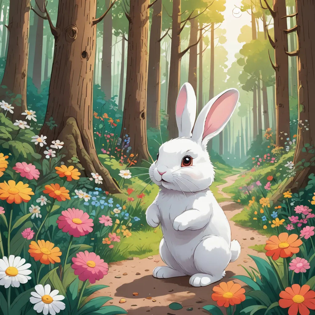 a white rabbit sitting in the middle of a forest with flowers and trees around it, looking at the camera, fantasy art, a storybook illustration, Chris LaBrooy, rossdraws global illumination