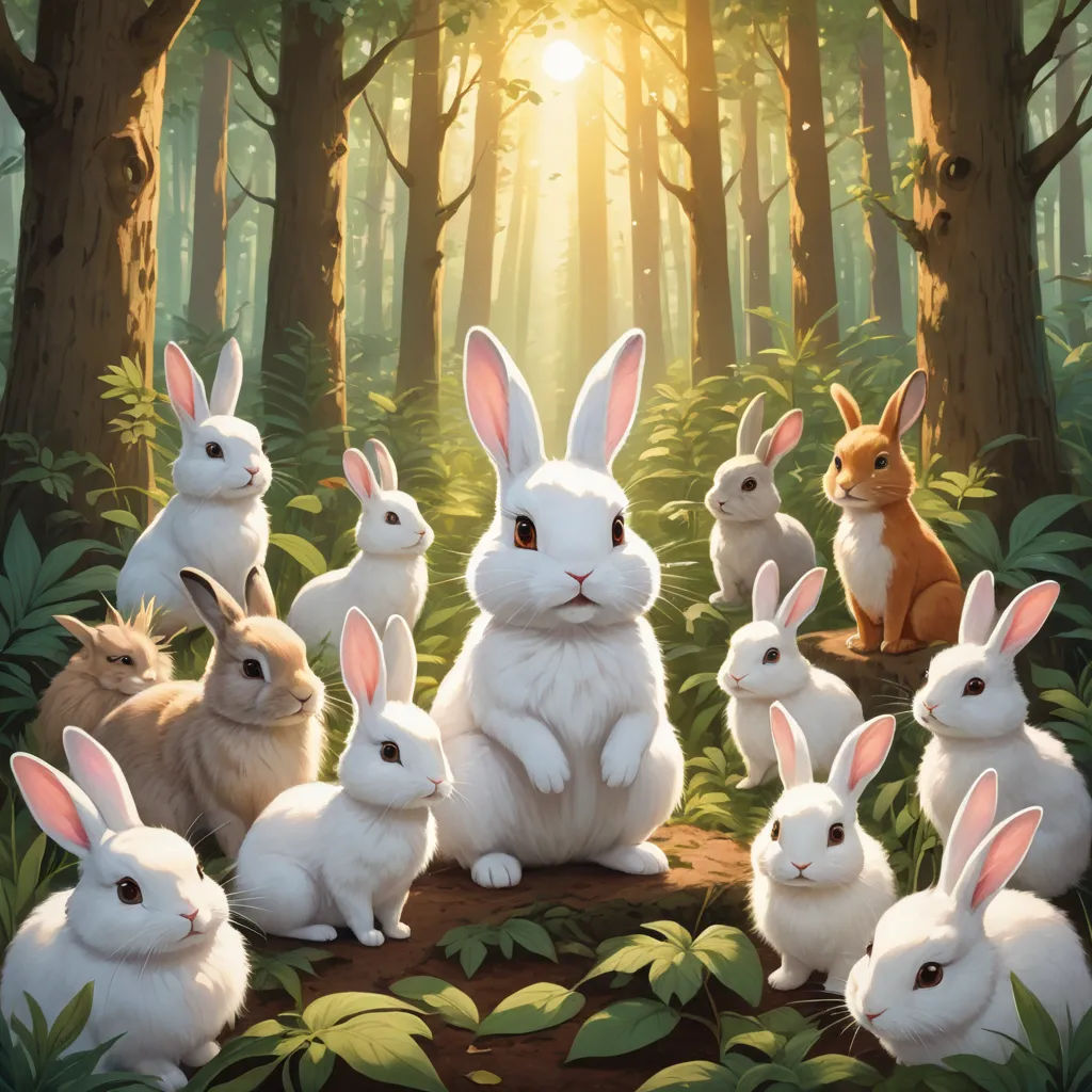 a group of rabbits sitting in the woods together with the sun shining through the trees behind them and the forest floor, furry art, a storybook illustration, Chris LaBrooy, rossdraws global illumination