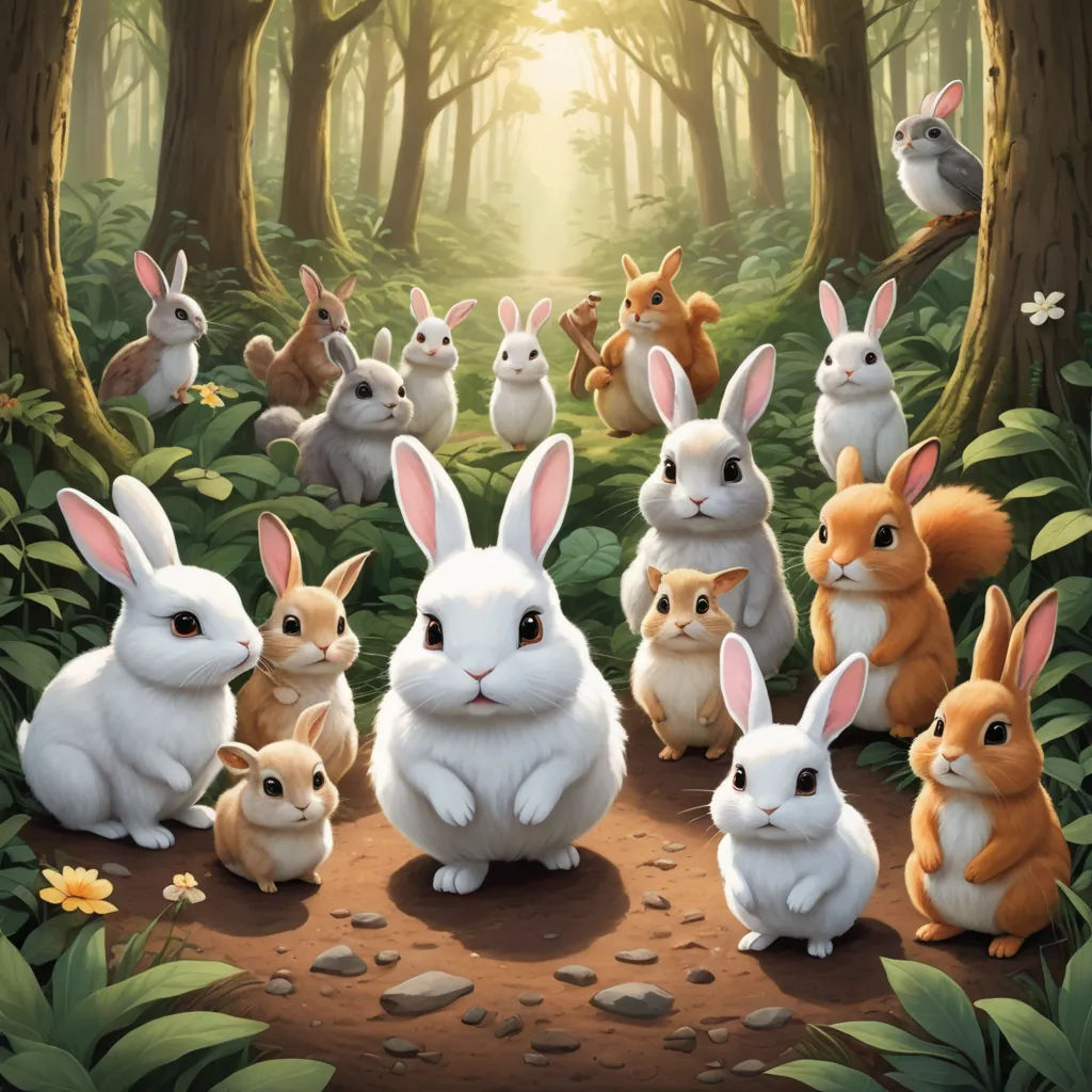 a group of rabbits sitting in the middle of a forest with a forest background and sun shining through the trees, furry art, poster art, Chris LaBrooy, rossdraws global illumination