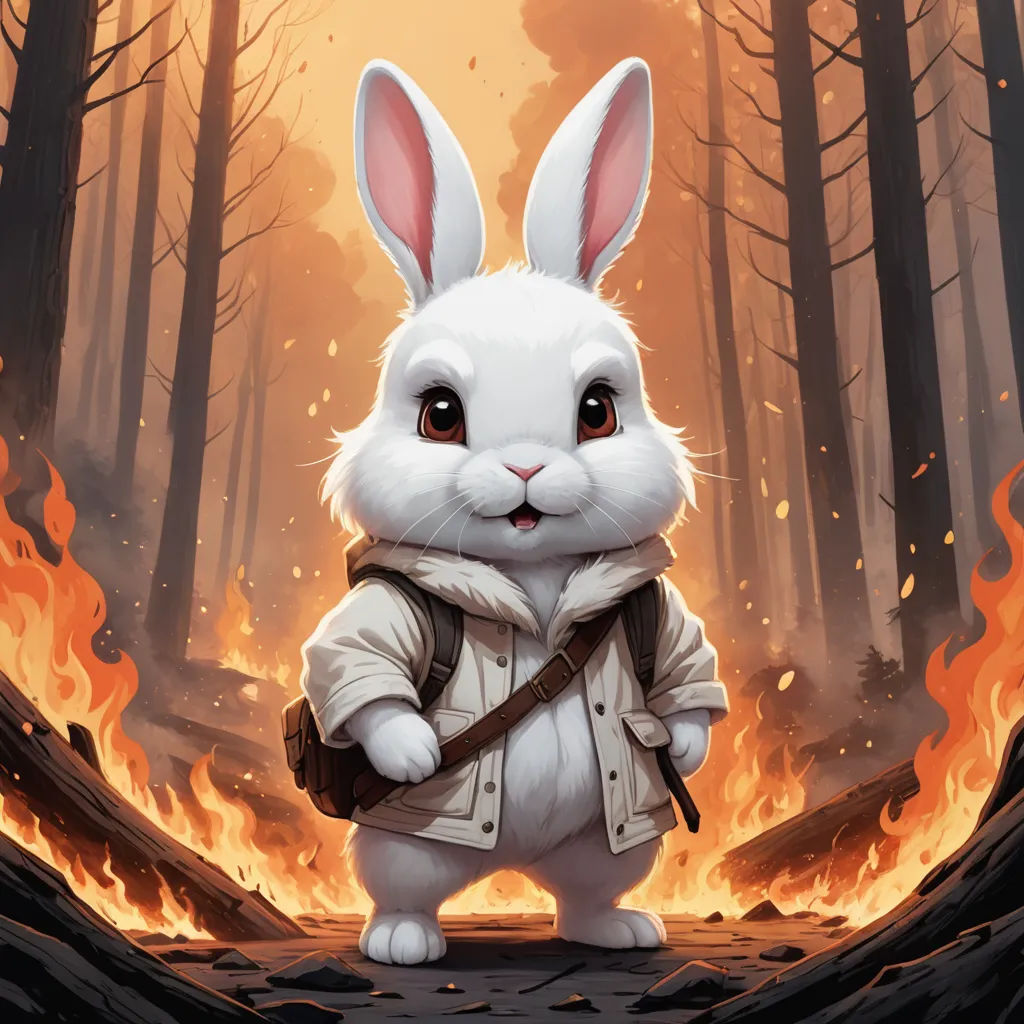 a white rabbit in a white jacket and a backpack standing in a forest with fire and flames behind it, altermodern, a character portrait, Chris LaBrooy, magic the gathering artwork
