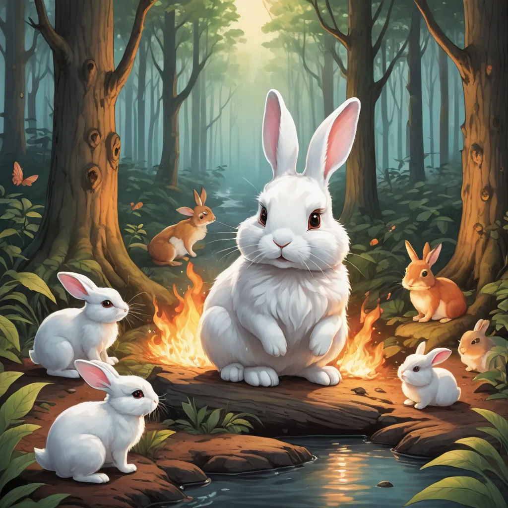 a painting of a rabbit and her babies in a forest with fire and water in the background, with a forest scene with a stream and a forest scene with animals, fantasy art, a storybook illustration, Chris LaBrooy, rossdraws global illumination