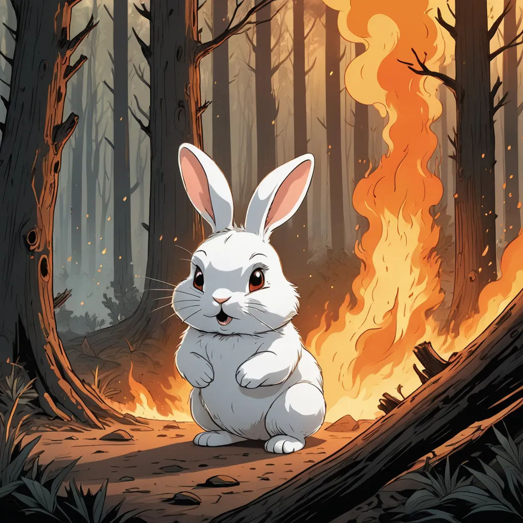 a white rabbit sitting in front of a fire in the woods with a forest background and a forest scene, altermodern, a storybook illustration, Dan Mumford, josan gonzales and dan mumford