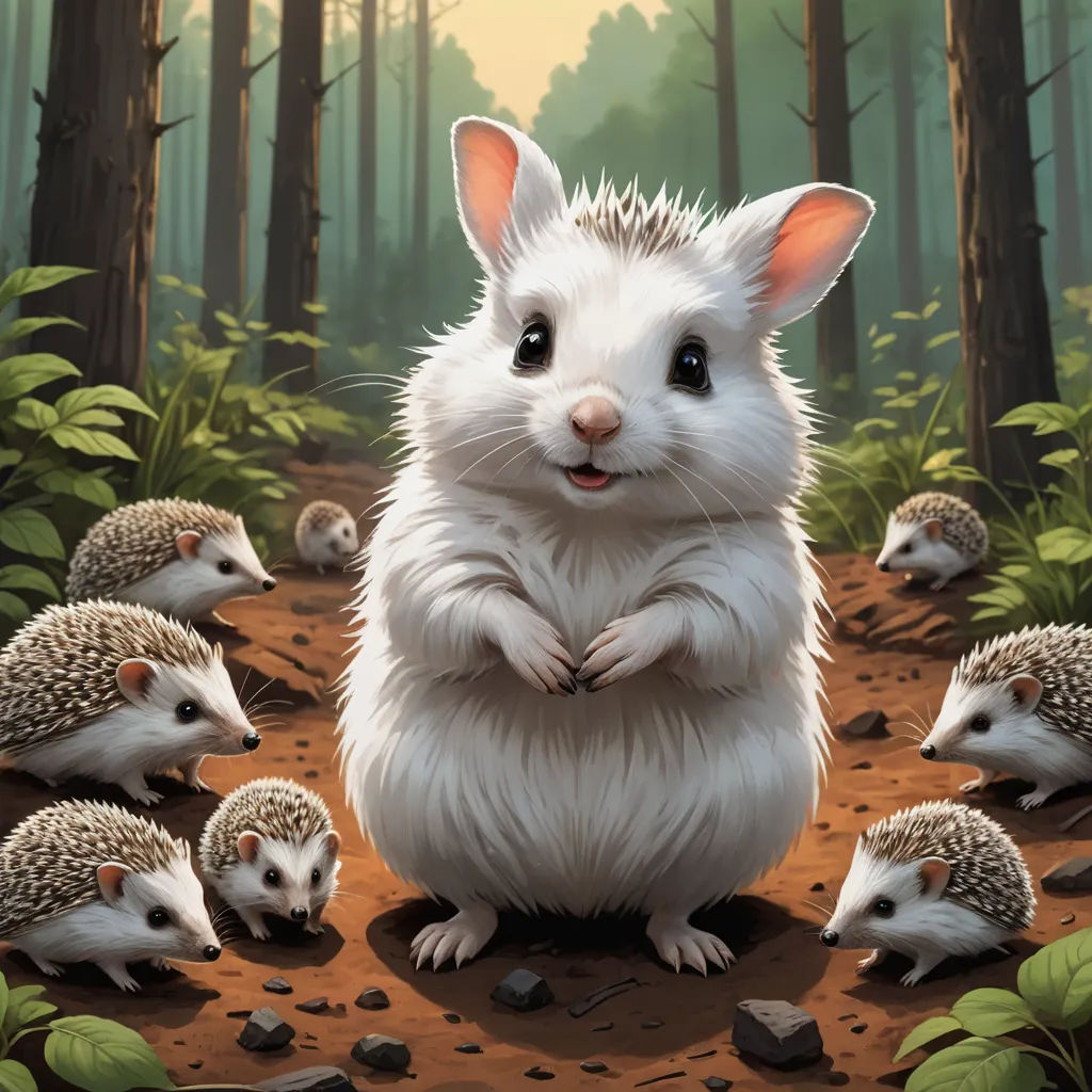 a painting of a white mouse surrounded by hedges in a forest with trees and rocks on the ground, furry art, a storybook illustration, Chris LaBrooy, official art