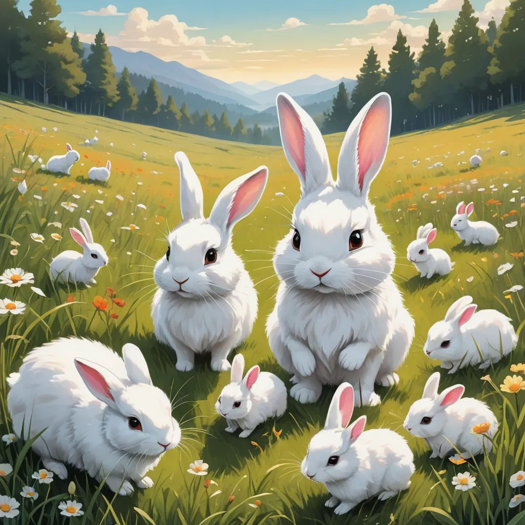 a painting of a family of rabbits in a field of grass with flowers and trees in the background, with a mountain range in the distance, furry art, a detailed painting, Chris LaBrooy, official art