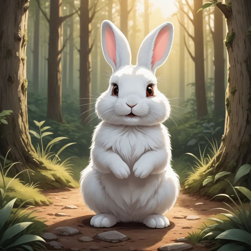 a white rabbit sitting in the middle of a forest with a sun shining through the trees behind it and a forest floor with rocks and grass, furry art, a digital painting, Chris LaBrooy, rossdraws global illumination