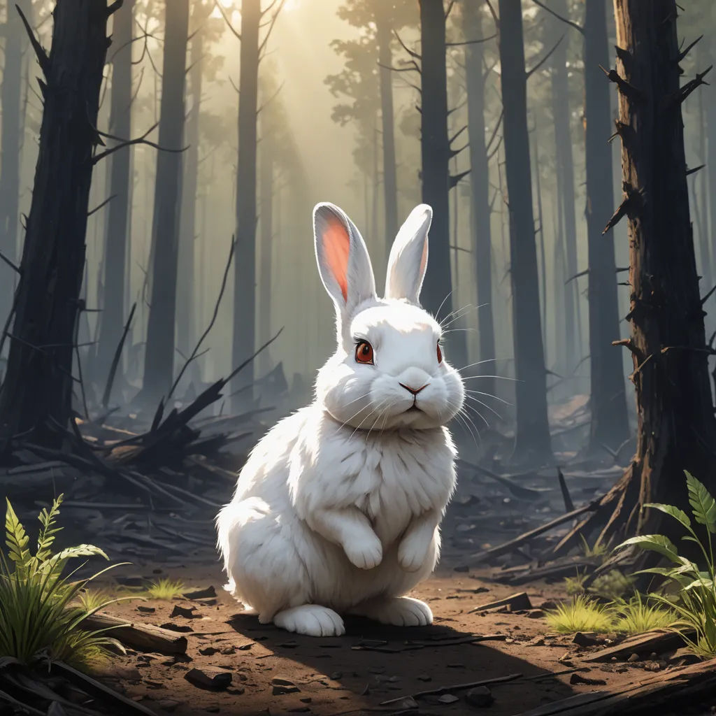 a white rabbit sitting in the middle of a forest with trees and grass around it, with the sun shining through the trees, furry art, a digital painting, Clint Cearley, magic the gathering artwork