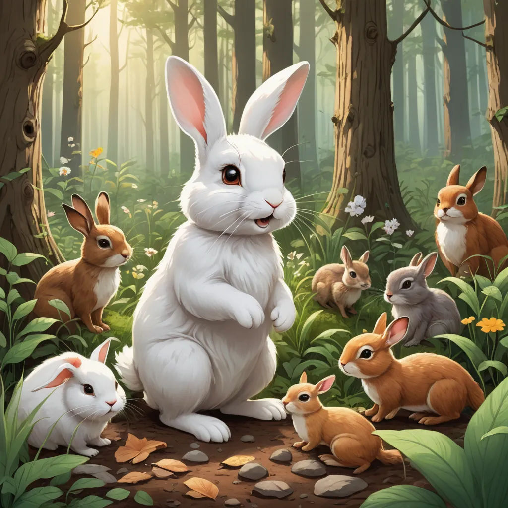 a painting of a rabbit surrounded by other rabbits in a forest with rocks and grass and flowers on the ground, furry art, a storybook illustration, Chris LaBrooy, rossdraws global illumination
