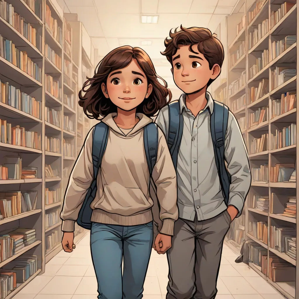 a couple of people walking down a library aisle with bookshelves behind them and a cat on the floor, process art, a poster, Aaron Jasinski, comic cover art