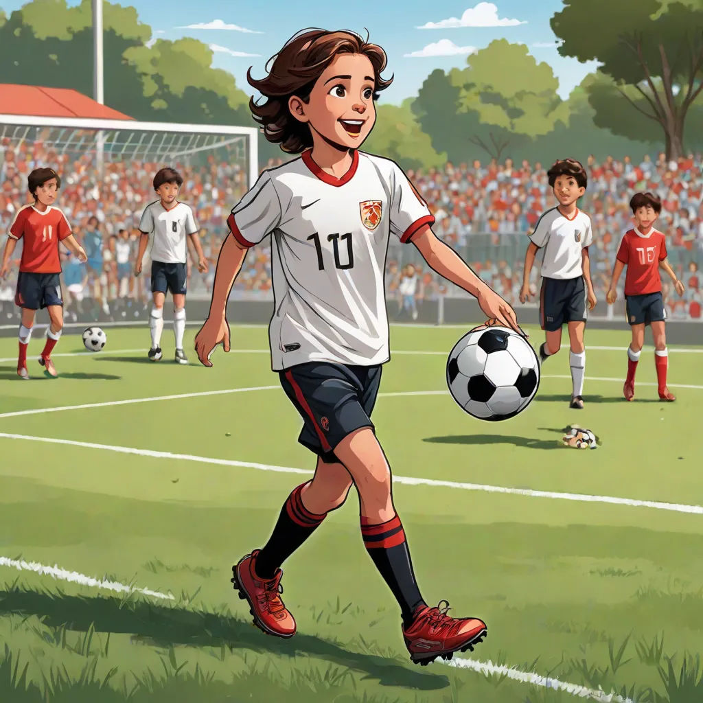a cartoon of a boy playing soccer with a ball in front of a crowd of people watching him play, fantastic realism, a storybook illustration, Diego Gisbert Llorens, official art