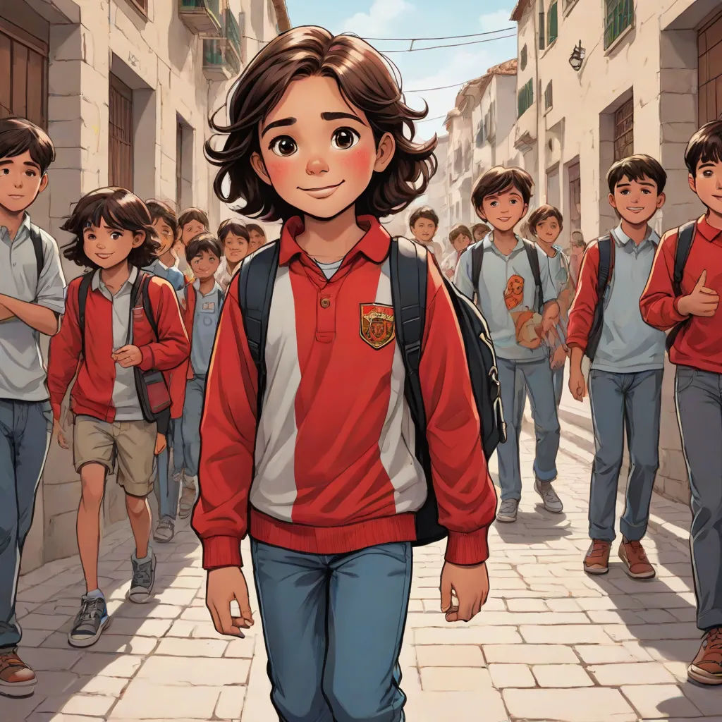 a cartoon of a boy with a backpack walking down a street with other boys in the background and a girl in the foreground, magical realism, a comic book panel, Diego Gisbert Llorens, official art