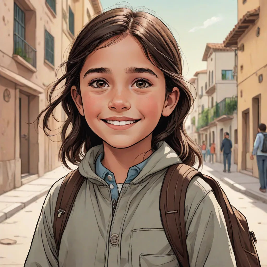 a cartoon of a girl with a backpack on a street with people walking by in the background and a building with a clock, paris school, a comic book panel, Diego Gisbert Llorens, ultra realistic illustration
