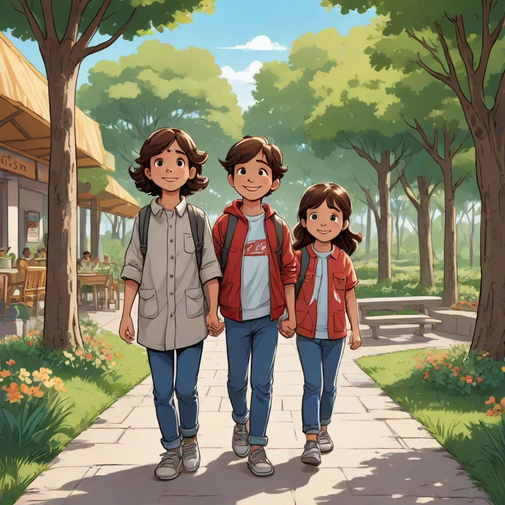 a couple of people walking down a sidewalk next to trees and flowers on a sunny day with a picnic table, paris school, concept art, Fernando Amorsolo, official art