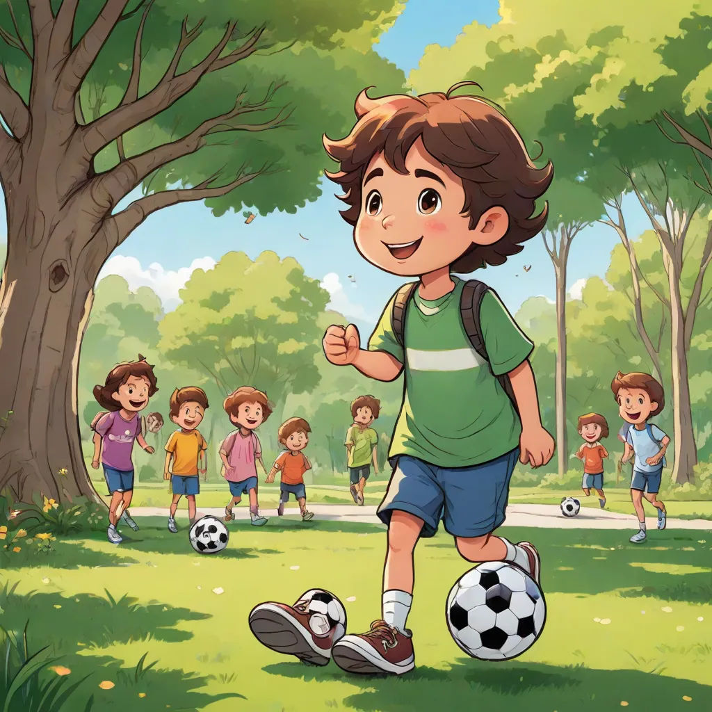 a boy is playing soccer with a group of children in the background in a park with a soccer ball, paris school, a storybook illustration, Diego Gisbert Llorens, storybook illustration
