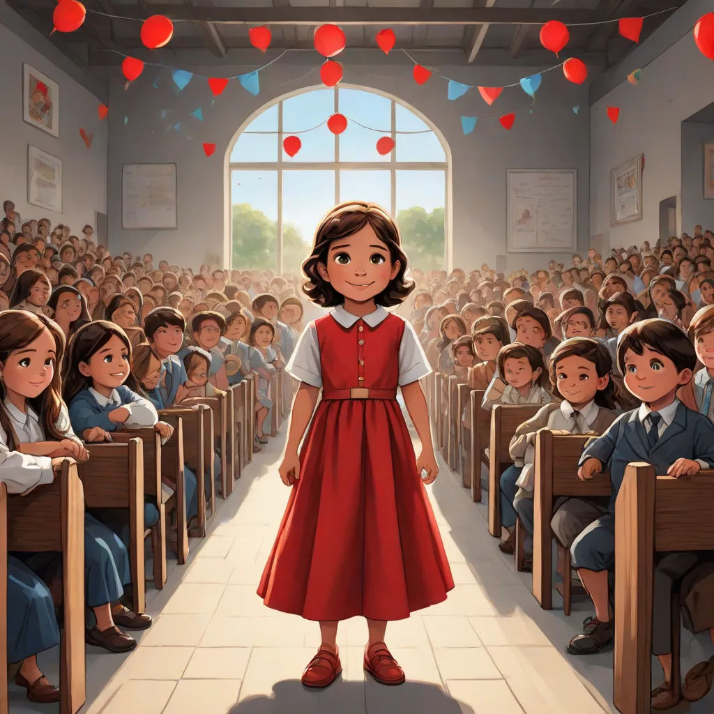 a girl in a red dress stands in front of a classroom full of children with red balloons hanging from the ceiling, socialist realism, a storybook illustration, Clarice Beckett, official art