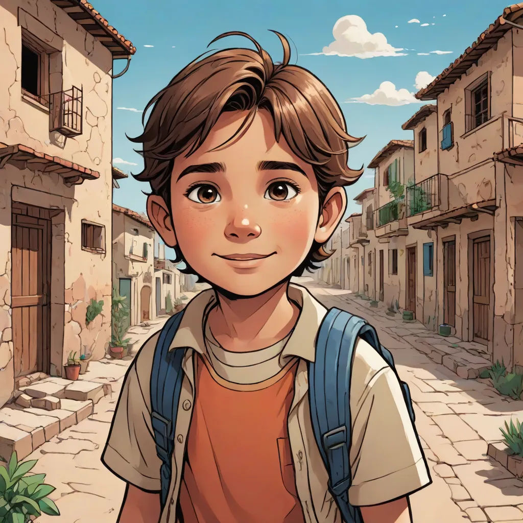 a boy with a backpack on a street in a small town with stone buildings and a stone walkway with a plant, photorealism, a comic book panel, Diego Gisbert Llorens, rossdraws global illumination