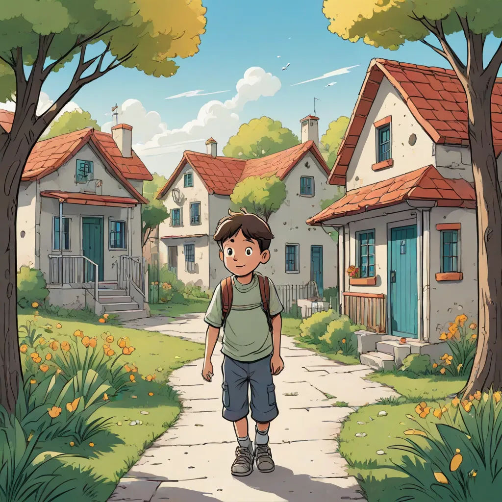 a boy walking down a path in front of a house with a red roof and a blue door and a red roof, paris school, a storybook illustration, Diego Gisbert Llorens, official art